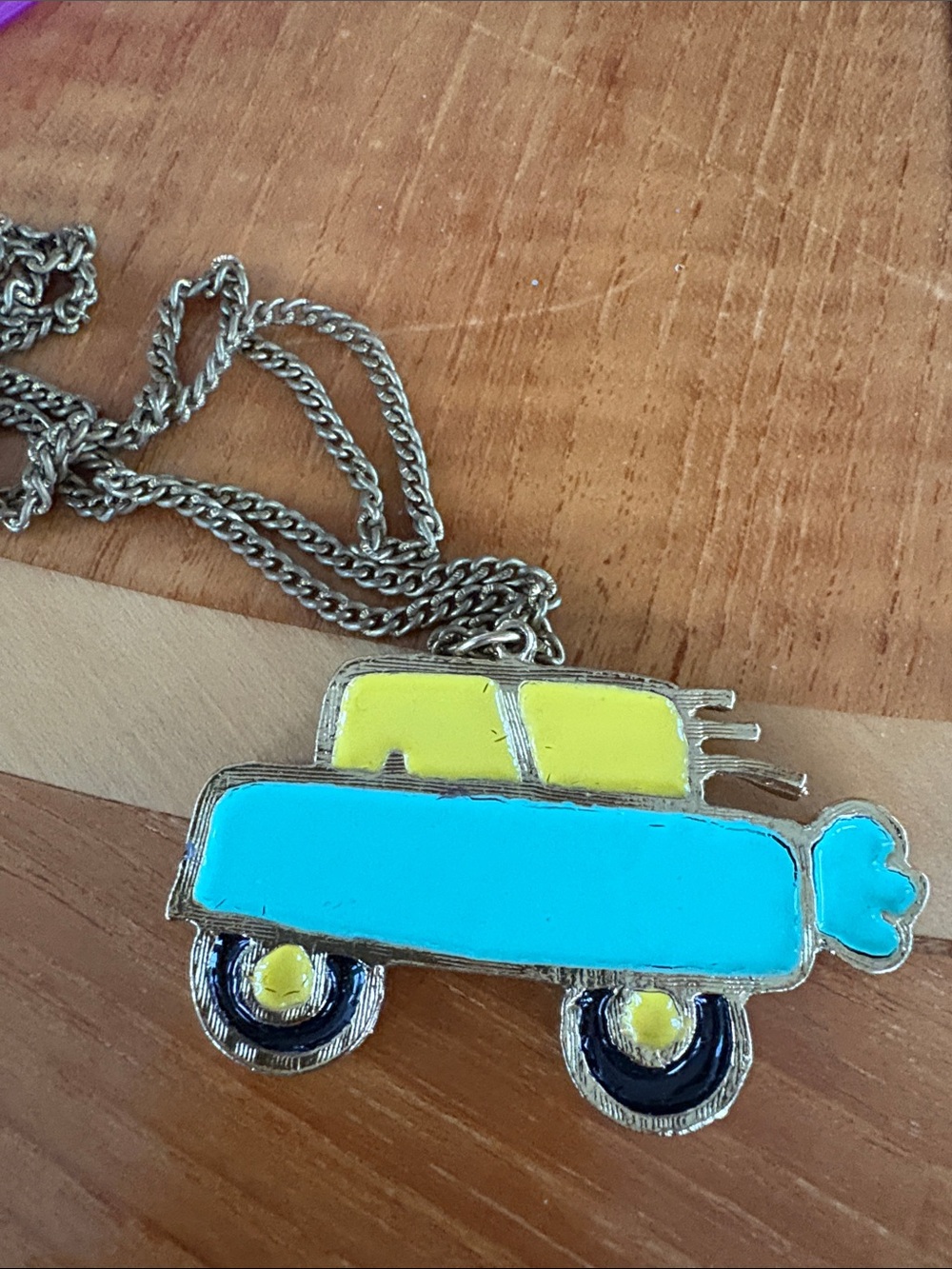 Vintage enamel yellow blue car automobile pendant necklace whimsical 2”